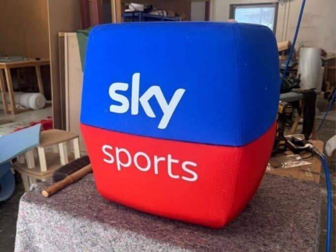 Bespoke Sky Sports microphone stool upholstered in Camira fabric