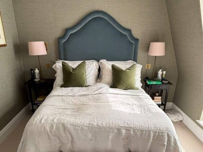 Slate blue headboard upholstered for PH Interiors