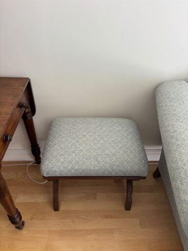 Footstool recovered in Colefax and Fowler Clancey in Aqua for PH Interiors