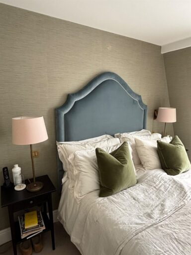 Slate blue headboard in Romo Forenza Monsoon and footstools in Colefax and Fowler Flynn for PH Interiors (view 2)