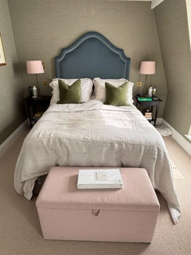 Slate blue headboard in Romo Forenza Monsoon and footstools in Colefax and Fowler Flynn for PH Interiors (view 4)