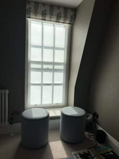 Slate blue headboard in Romo Forenza Monsoon and footstools in Colefax and Fowler Flynn for PH Interiors (view 5)