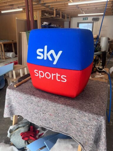 Bespoke Sky Sports microphone-shaped stool in the Victoria Gayle workshop
